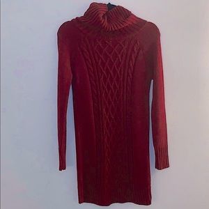 Red Turtleneck Cable Knit Sweater Dress